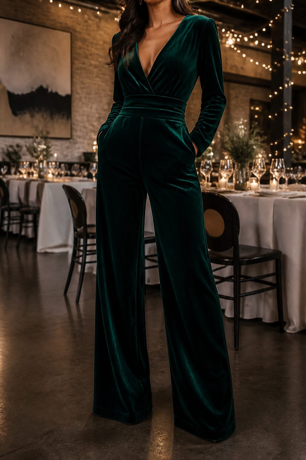 A stylish jumpsuit made of satin or velvet for wedding guest attire.