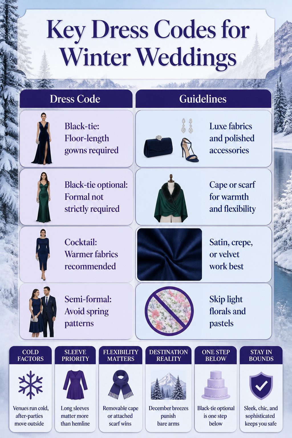 An informative image detailing key dress codes for winter weddings.