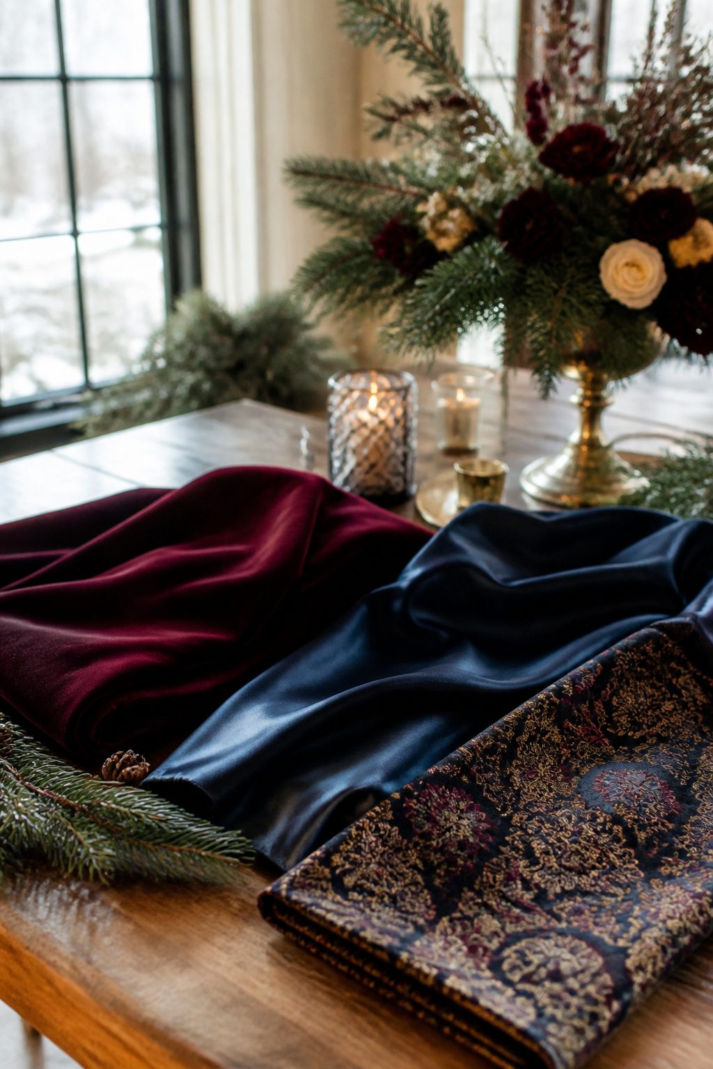 An array of rich winter fabric swatches including velvet and satin.