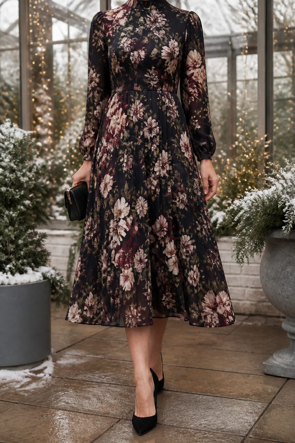 A semi-formal dress in knee-length or midi style for winter weddings.